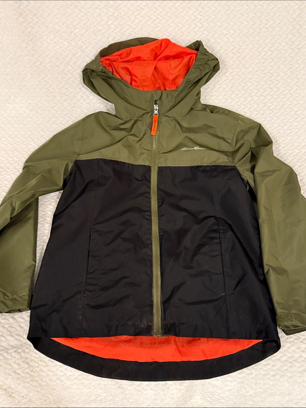 Eddie Bauer Kids Lone Peak Olive Hooded Rain Jacket Orange Lining Size M 10-12